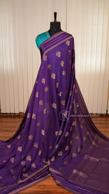 Semi Crepe Satin Saree With All-Over Gandaberunda Motifs And Zari Butta Satin Border