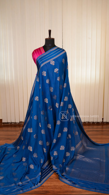 Semi Crepe Satin Saree With All-Over Gandaberunda Motifs And Zari Butta Satin Border