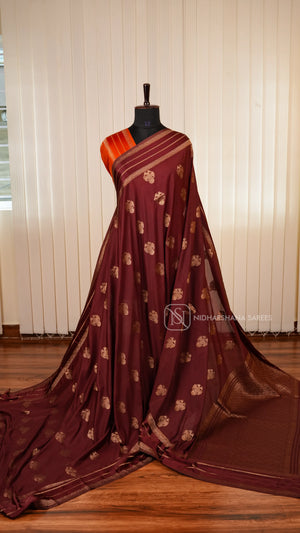 Semi Crepe Satin Saree With All-Over Gandaberunda Motifs And Zari Butta Satin Border