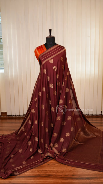 Semi Crepe Satin Saree With All-Over Gandaberunda Motifs And Zari Butta Satin Border