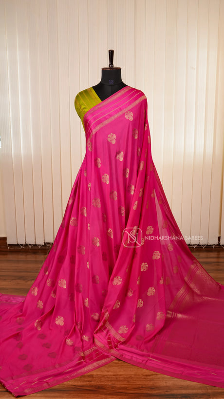 Semi Crepe Satin Saree With All-Over Gandaberunda Motifs And Zari Butta Satin Border