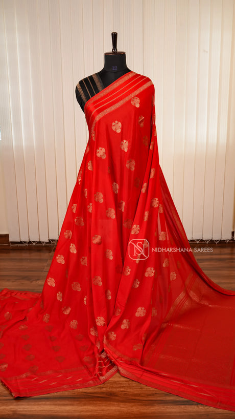 Semi Crepe Satin Saree With All-Over Gandaberunda Motifs And Zari Butta Satin Border