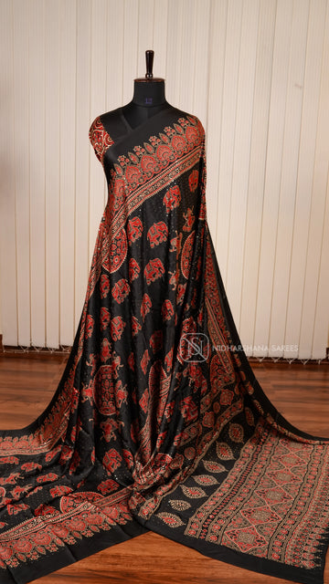 Semi Satin Silk Saree With Elephant Print And Sequence Stone Concept