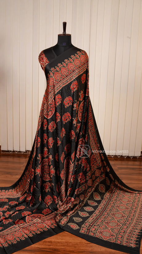 Semi Satin Silk Saree With Elephant Print And Sequence Stone Concept