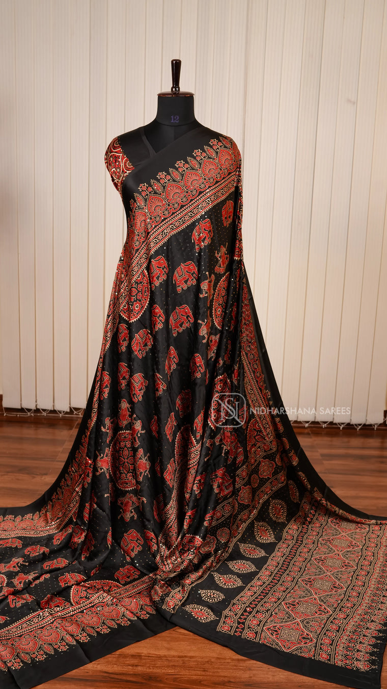 Semi Satin Silk Saree With Elephant Print And Sequence Stone Concept