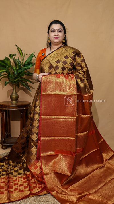 Semi Tussar Silk With Checks Body Half And Half Concept