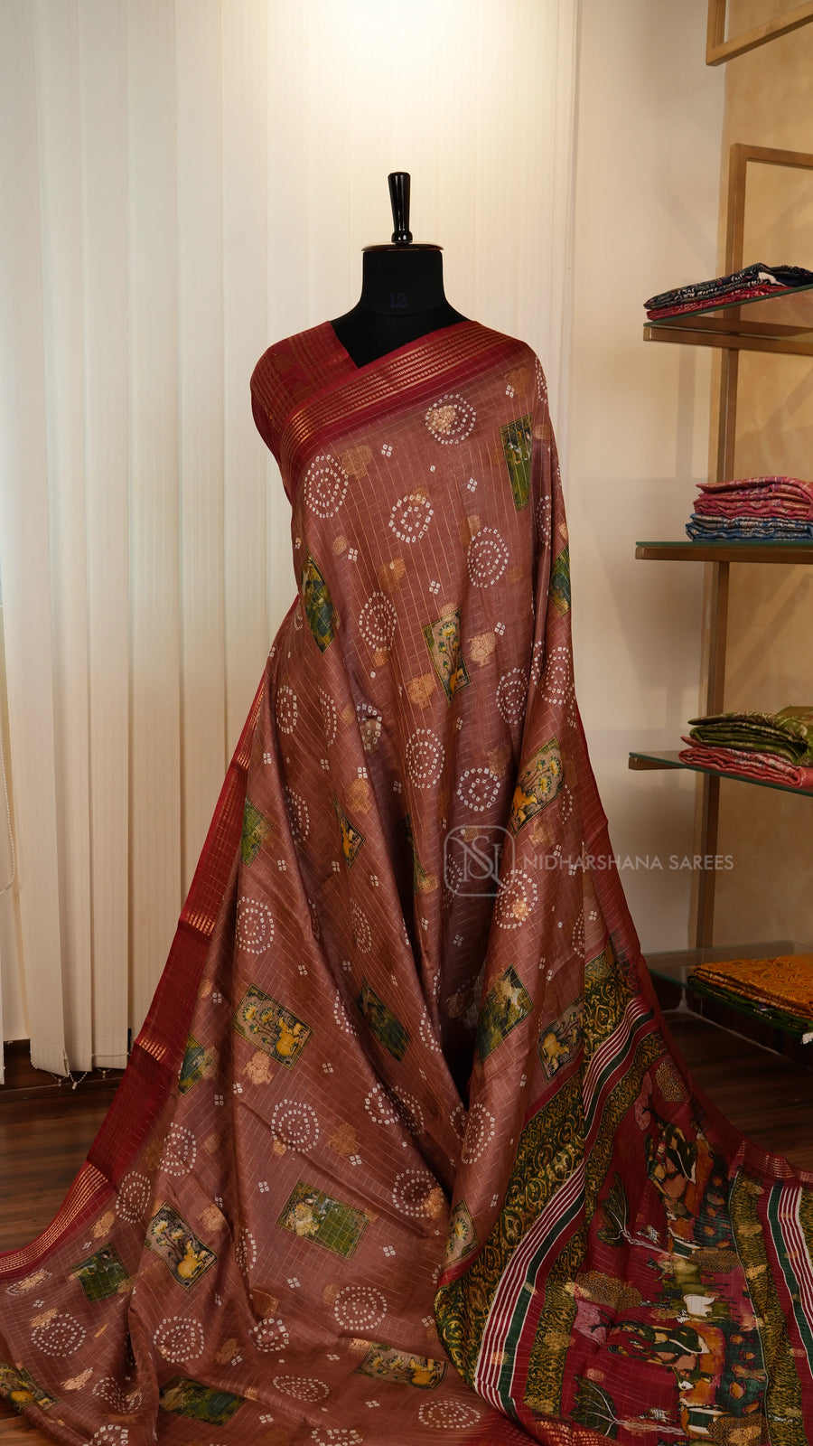 Semi Dola With Bandhini Print And Zari Butta