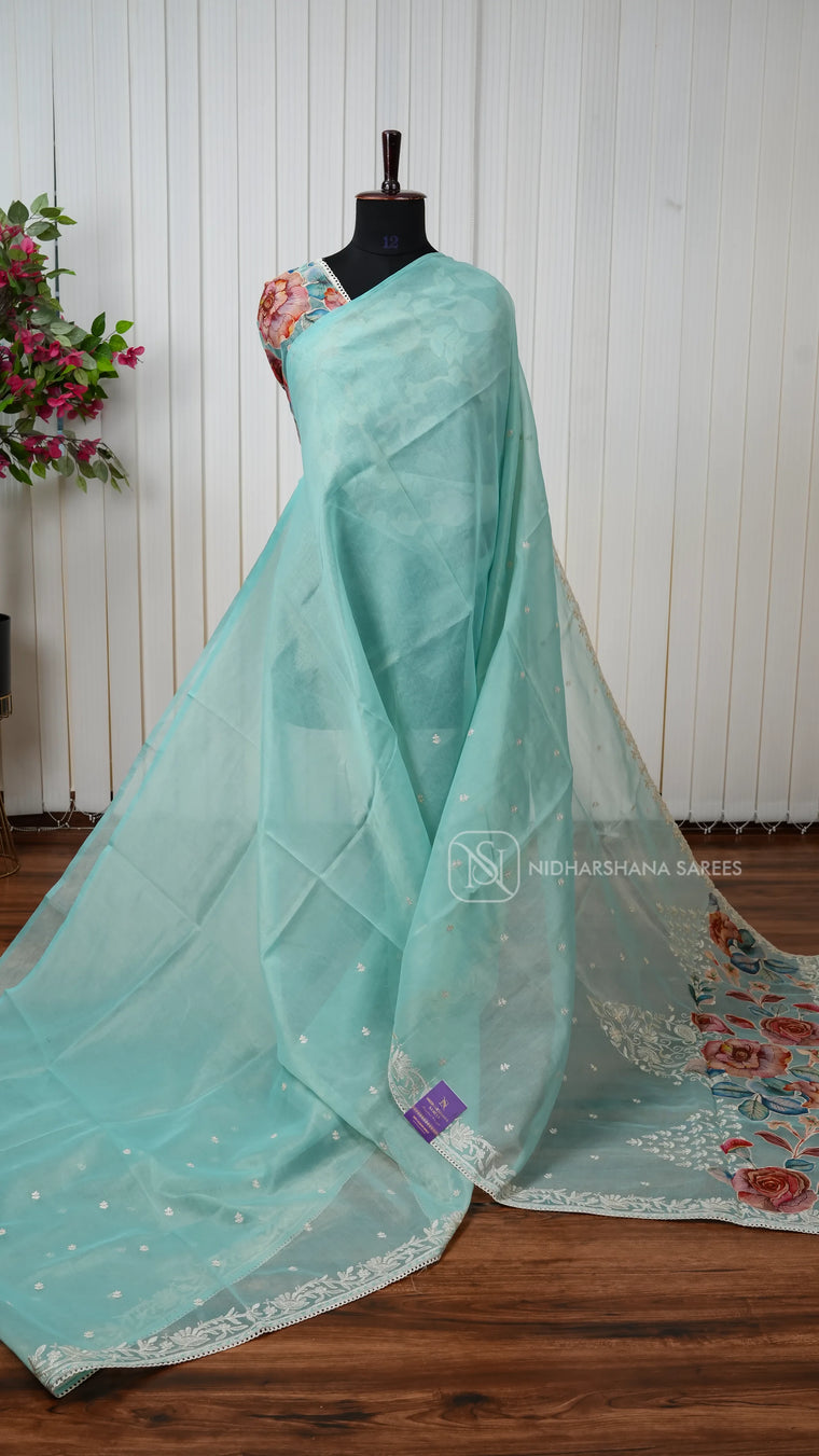 Organza Saree With Elegant Floral Embroidery And Patchwork Detailing
