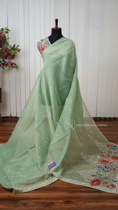 Organza Saree With Elegant Floral Embroidery And Patchwork Detailing