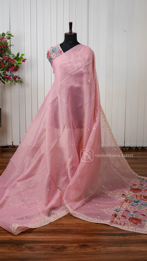 Organza Saree With Elegant Floral Embroidery And Patchwork Detailing