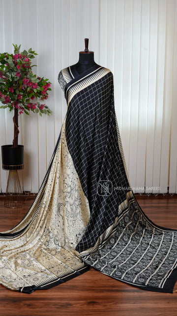 Semi Satin Saree With Checks Pattern And Printed Concept