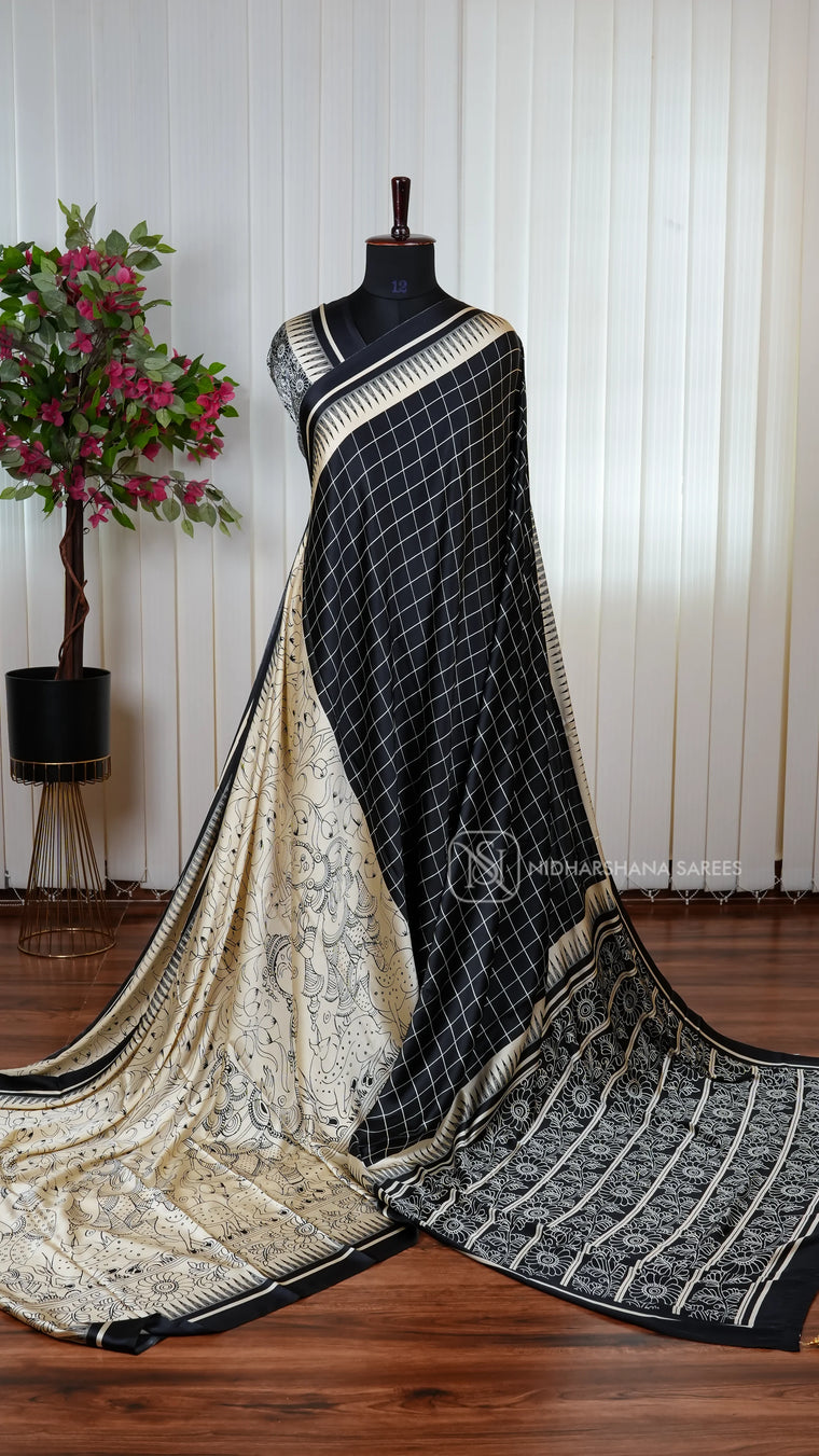 Semi Satin Saree With Checks Pattern And Printed Concept