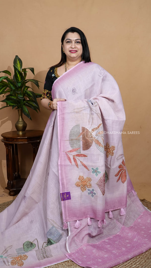 Linen Tissue With Moti Kaddhana And Sequins Work