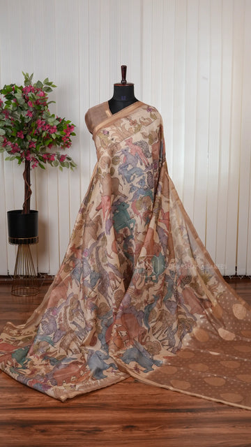 Premium Chanderi Saree With Meena Pallu, All-Over Animal Print And Zari Border