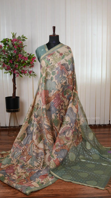 Premium Chanderi Saree With Meena Pallu, All-Over Animal Print And Zari Border