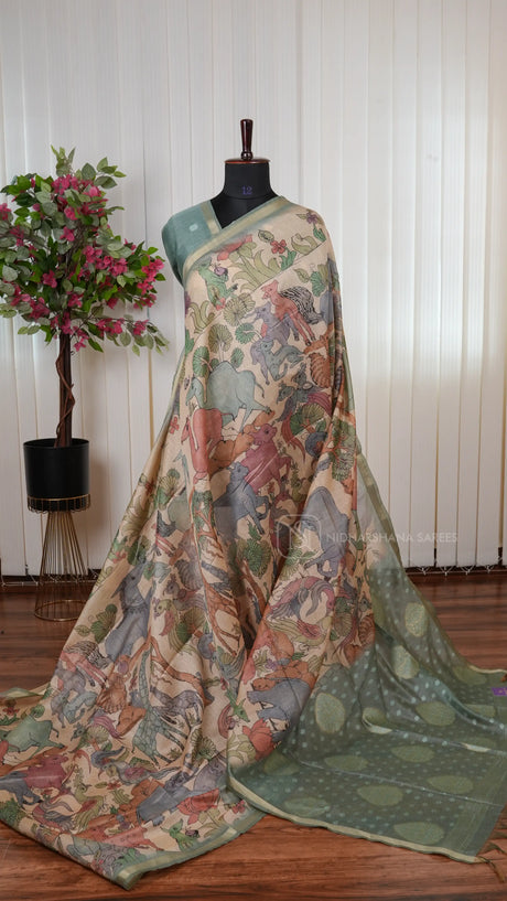 Premium Chanderi Saree With Meena Pallu, All-Over Animal Print And Zari Border