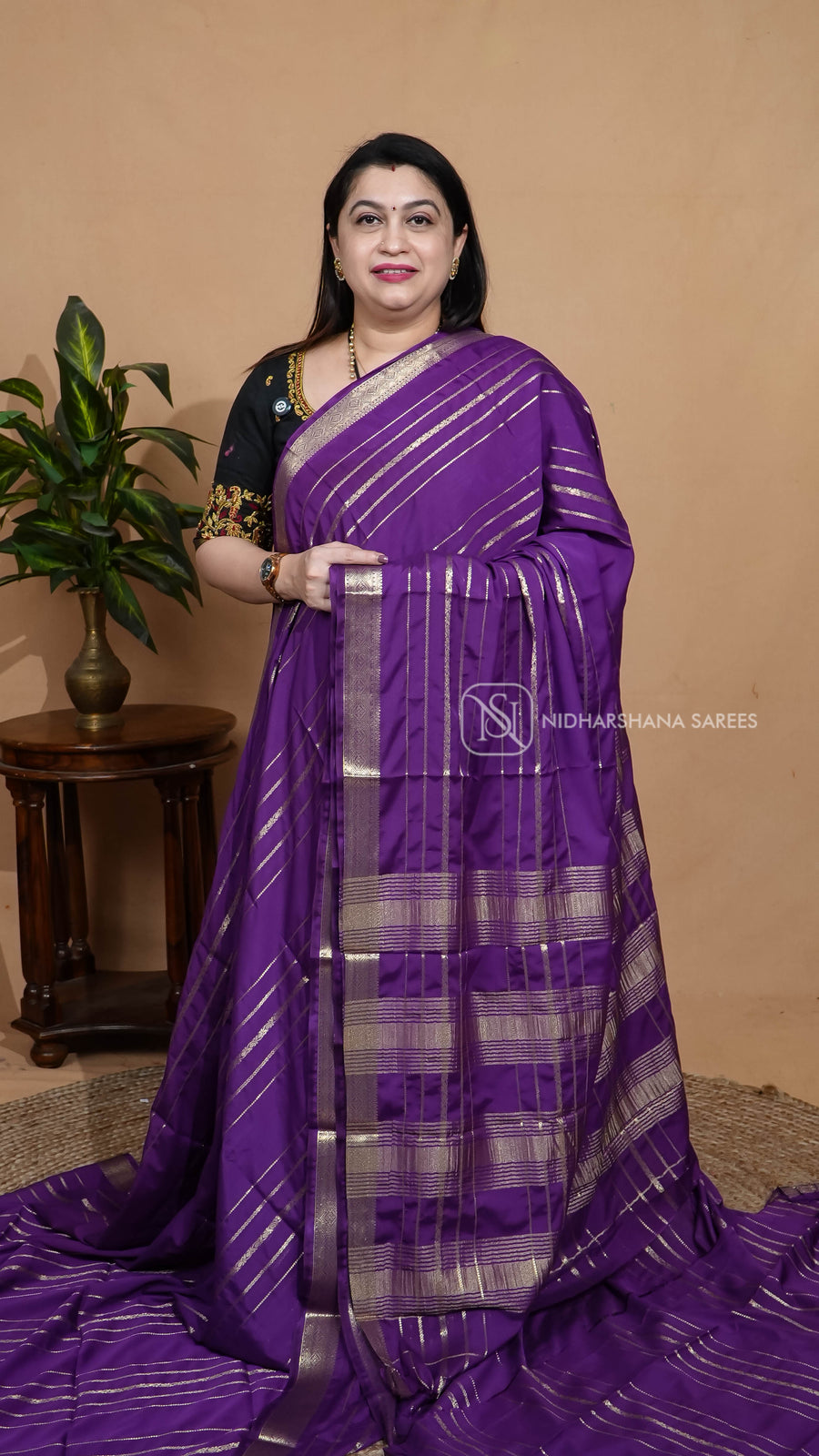 Semi Mysore Crepe With Zari Lines And Zari Border