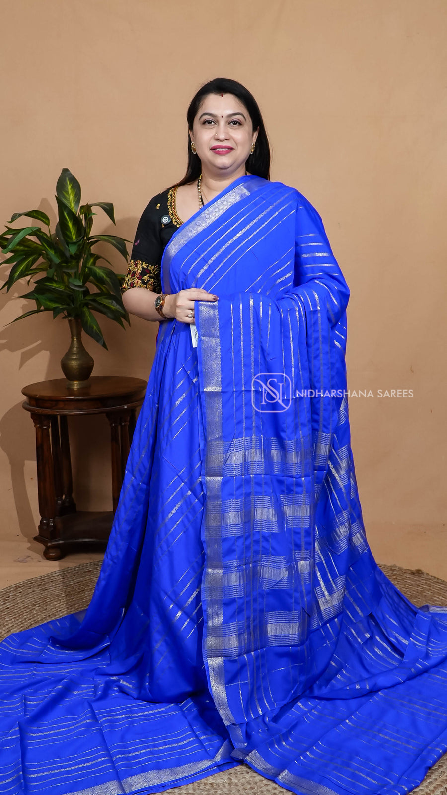 Semi Mysore Crepe With Zari Lines And Zari Border