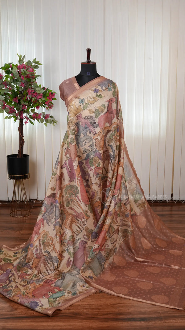 Premium Chanderi Saree With Meena Pallu, All-Over Animal Print And Zari Border