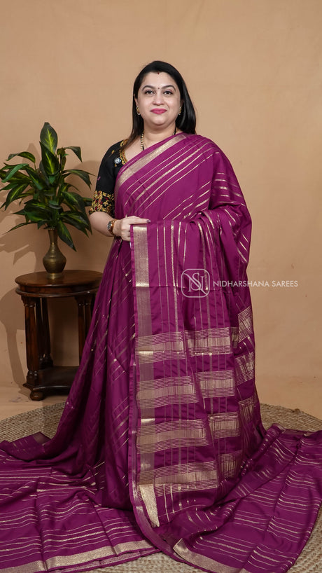 Semi Mysore Crepe With Zari Lines And Zari Border