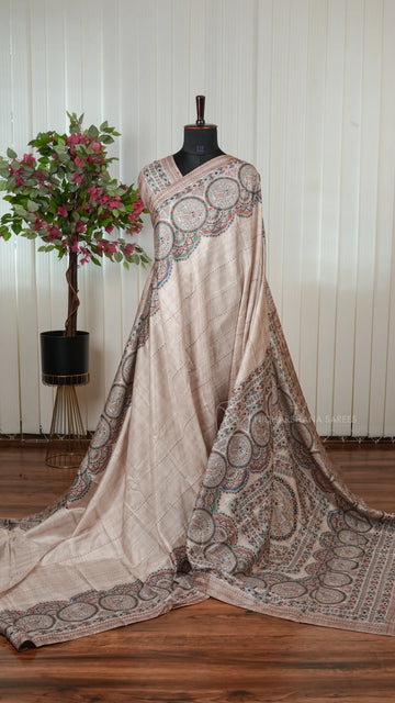 Semi Tussar Silk Saree With Madhubani Print And Kantha-Style Stitching Concept