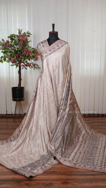 Semi Tussar Silk Saree With Madhubani Print And Kantha-Style Stitching Concept