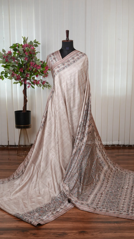 Semi Tussar Silk Saree With Madhubani Print And Kantha-Style Stitching Concept