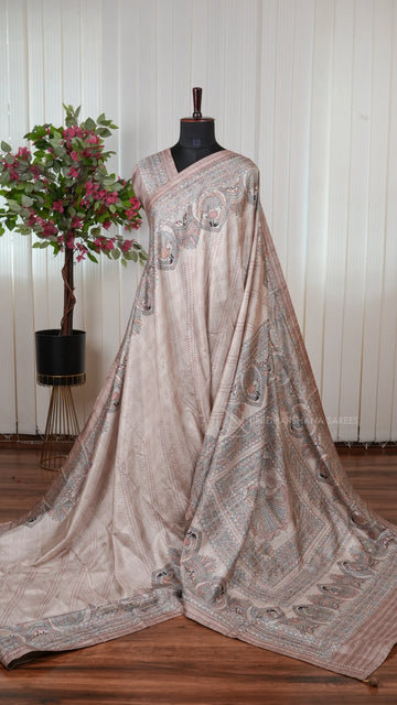Semi Tussar Silk Saree With Madhubani Print And Kantha-Style Stitching Concept