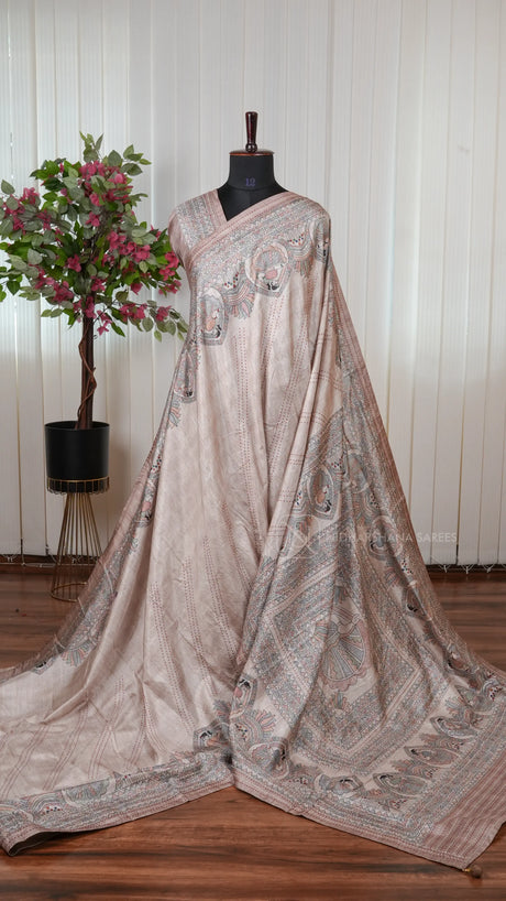 Semi Tussar Silk Saree With Madhubani Print And Kantha-Style Stitching Concept