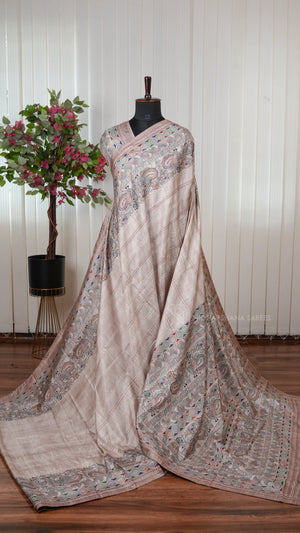 Semi Tussar Silk Saree With Madhubani Print And Kantha-Style Stitching Concept