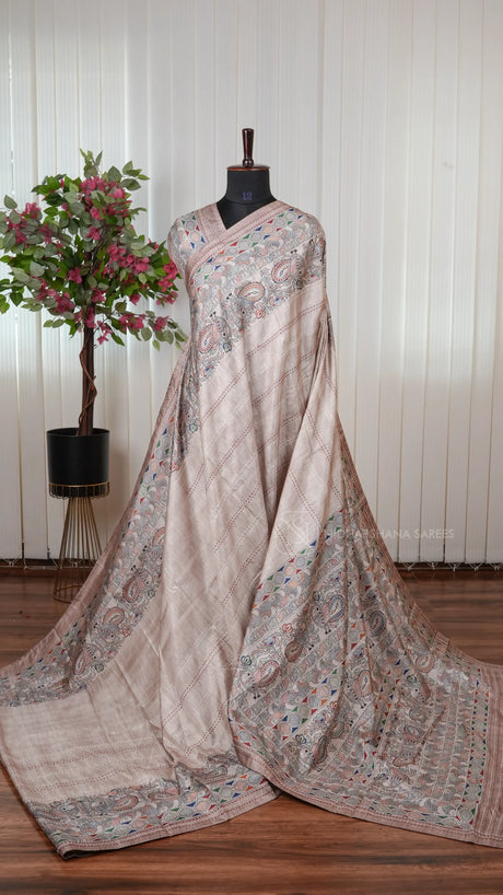 Semi Tussar Silk Saree With Madhubani Print And Kantha-Style Stitching Concept