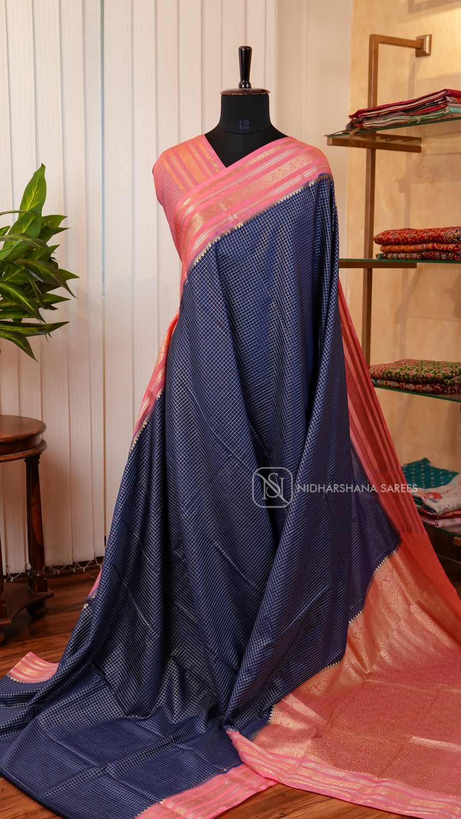 Semi Mysore Crepe With Mini Checks And Contrast Border