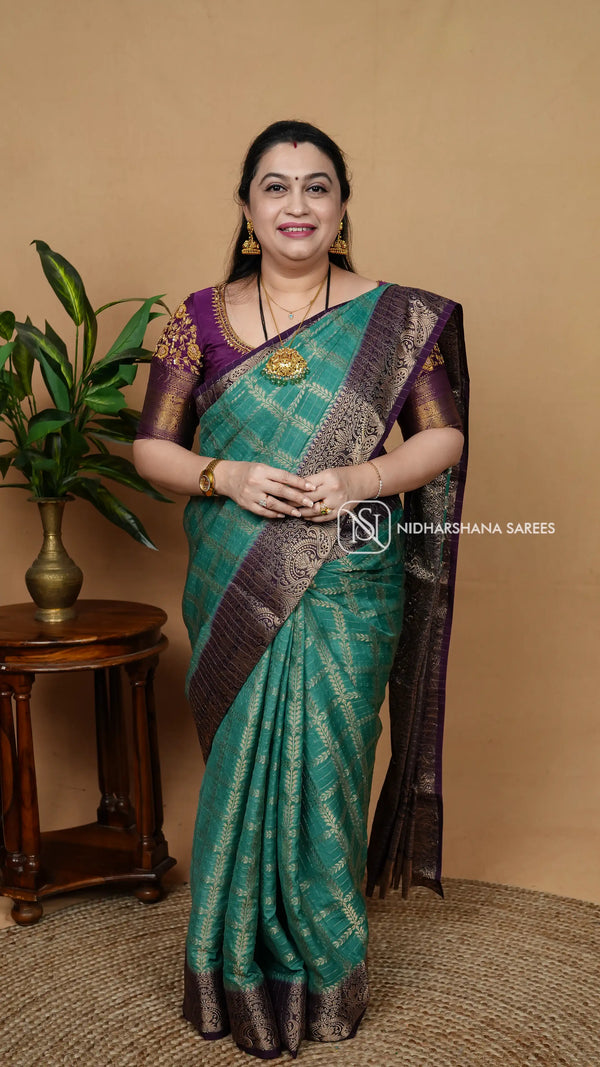 Semi Crepe With Zari Checks Body And Contrast Border