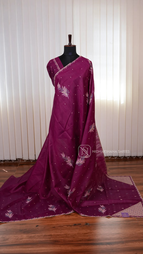 Premium Matka Tussar Silk Saree with Embroidered Border and Rich Embroidery Pallu Concept