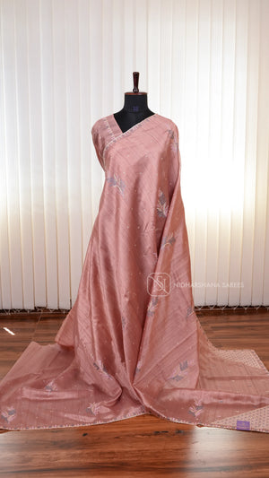 Premium Matka Tussar Silk Saree with Embroidered Border and Rich Embroidery Pallu Concept