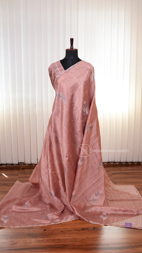 Premium Matka Tussar Silk Saree with Embroidered Border and Rich Embroidery Pallu Concept