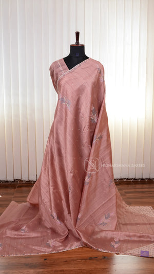 Premium Matka Tussar Silk Saree with Embroidered Border and Rich Embroidery Pallu Concept
