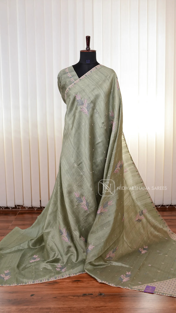 Premium Matka Tussar Silk Saree with Embroidered Border and Rich Embroidery Pallu Concept