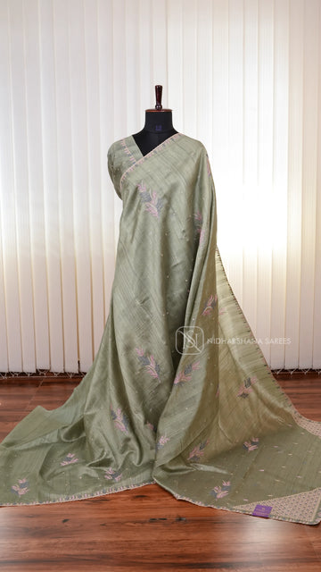 Premium Matka Tussar Silk Saree with Embroidered Border and Rich Embroidery Pallu Concept