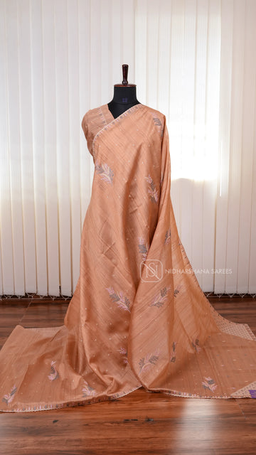 Premium Matka Tussar Silk Saree with Embroidered Border and Rich Embroidery Pallu Concept