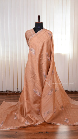 Premium Matka Tussar Silk Saree with Embroidered Border and Rich Embroidery Pallu Concept