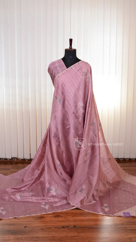 Premium Matka Tussar Silk Saree with Embroidered Border and Rich Embroidery Pallu Concept