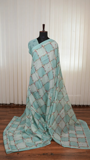 Semi Kota Saree with All-Over Floral Print and Elegant Lace Work Border