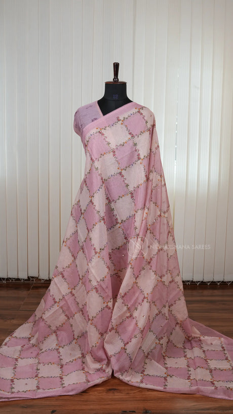 Semi Kota Saree with All-Over Floral Print and Elegant Lace Work Border