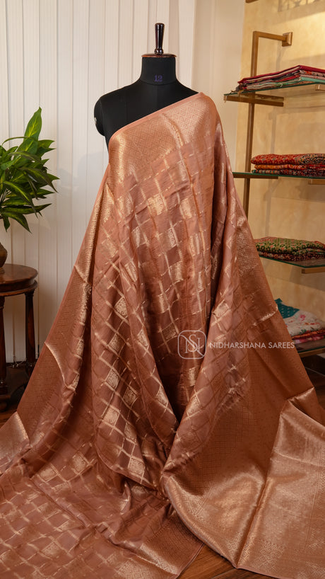 Viscose Silk With Checks Body & Peacock Butta and Zari Border
