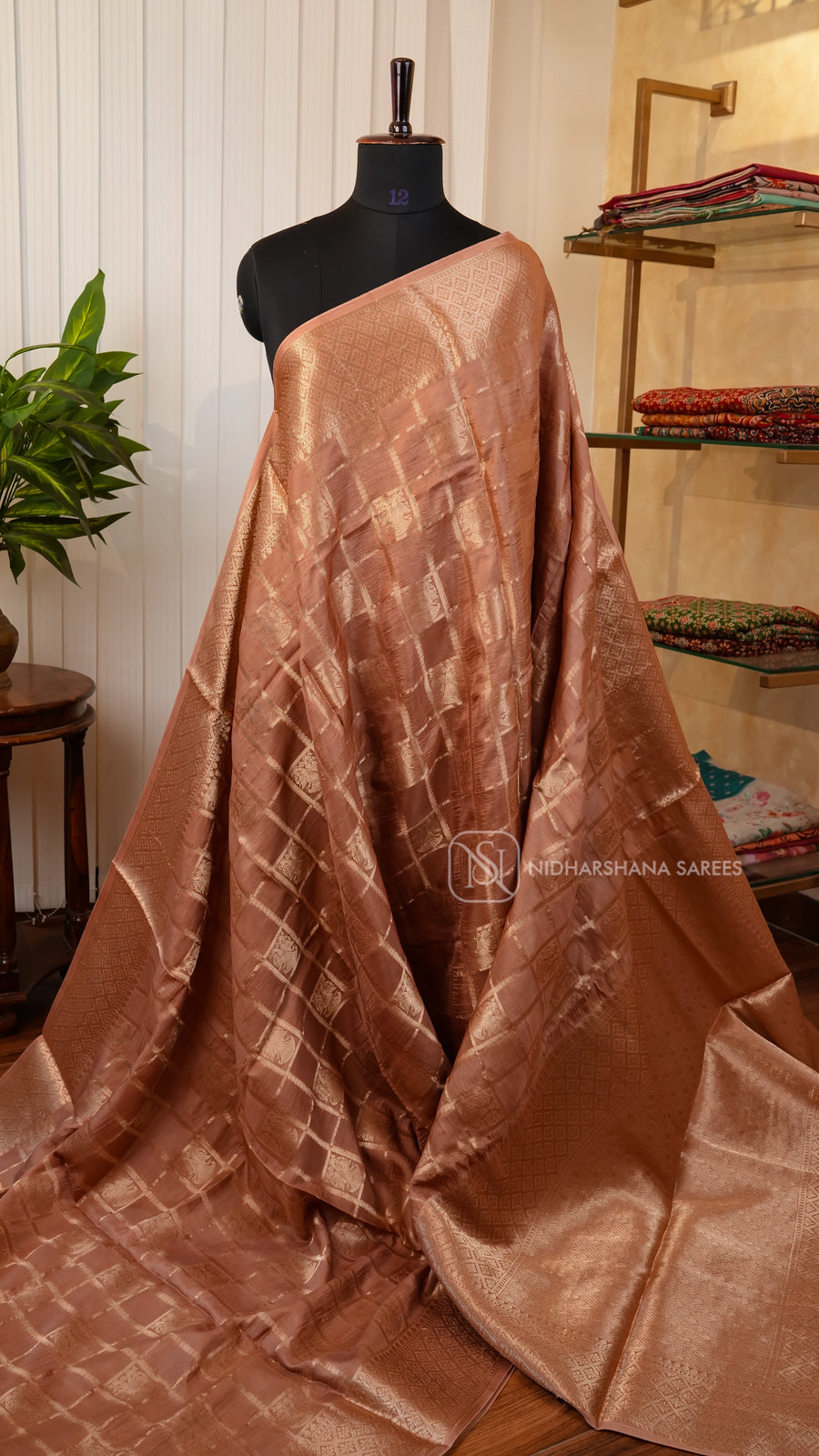 Viscose Silk With Checks Body & Peacock Butta and Zari Border