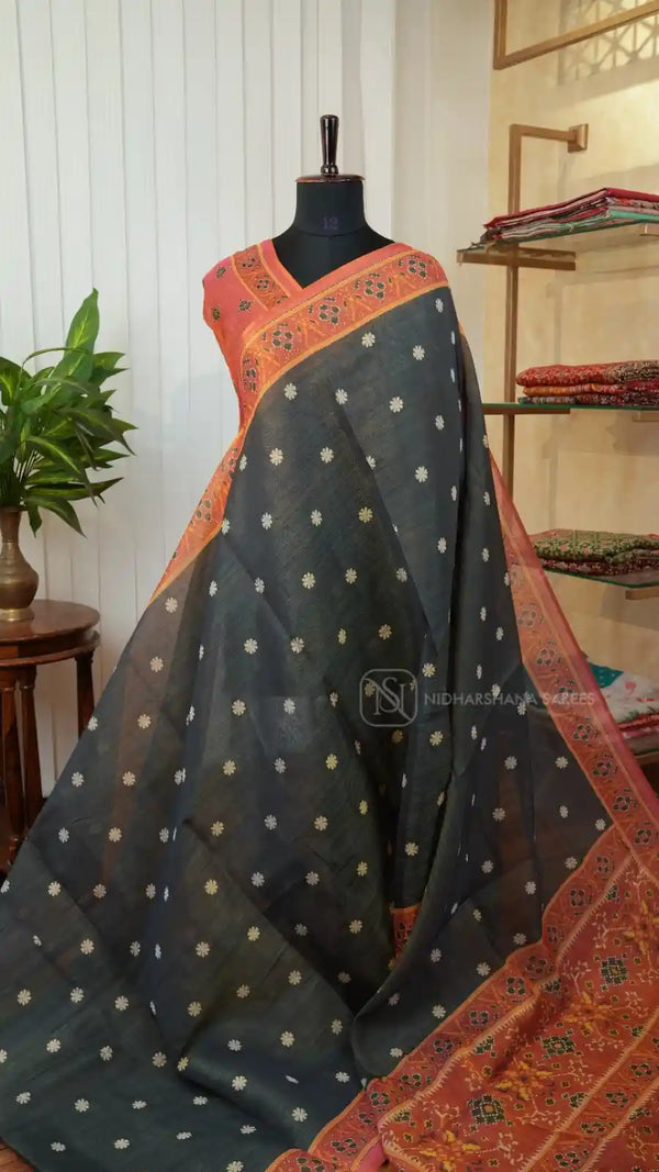 Linen Tissue Saree WIth Pochampalli Inspired Borders and Glossy Body