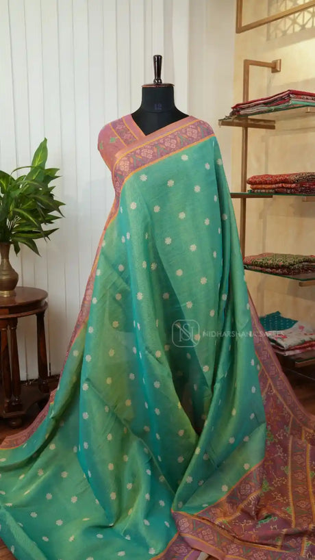 Linen Tissue Saree WIth Pochampalli Inspired Borders and Glossy Body