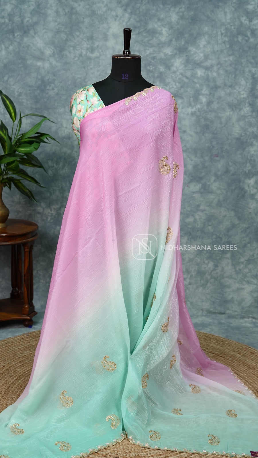 Crush Chiffon With Pearl Cut Work Border