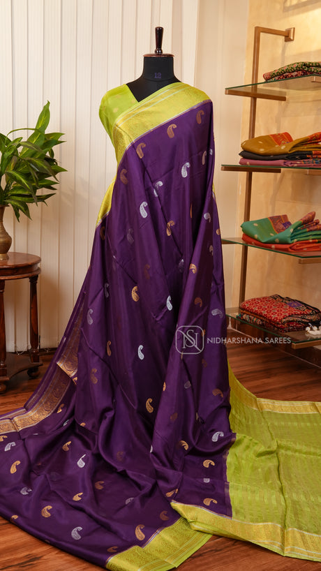 Semi Viscose Silk With Silver And Golden Mango Zari Butta Concept
